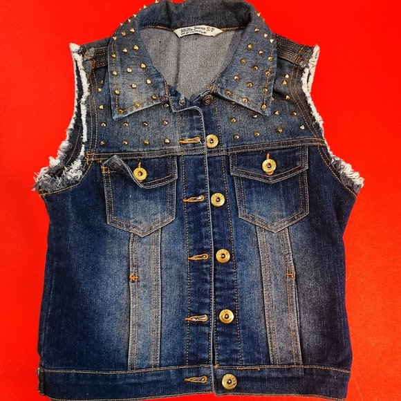 UK2LA Jeans vest with rivets design distressed blue women's size S - Picture 1 of 6